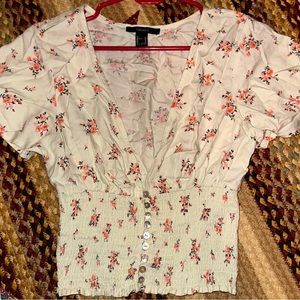Juniors Mint Green Floral Print Short Sleeve Blouse With Buttons Size-M